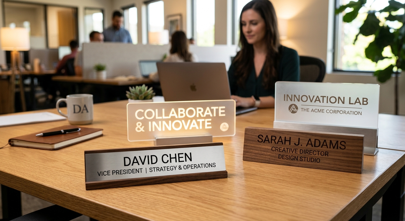 Custom engraved desk signs including metal nameplate, acrylic LED sign, wood desk sign, and frosted plaque on a modern desk