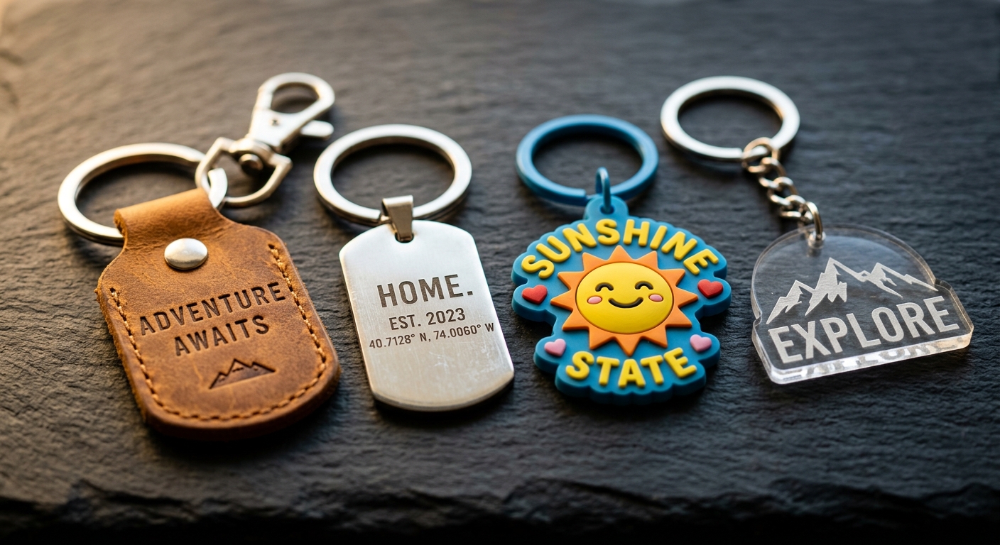 Personalized keychains in leather, stainless steel, PVC, and acrylic arranged on a dark slate surface