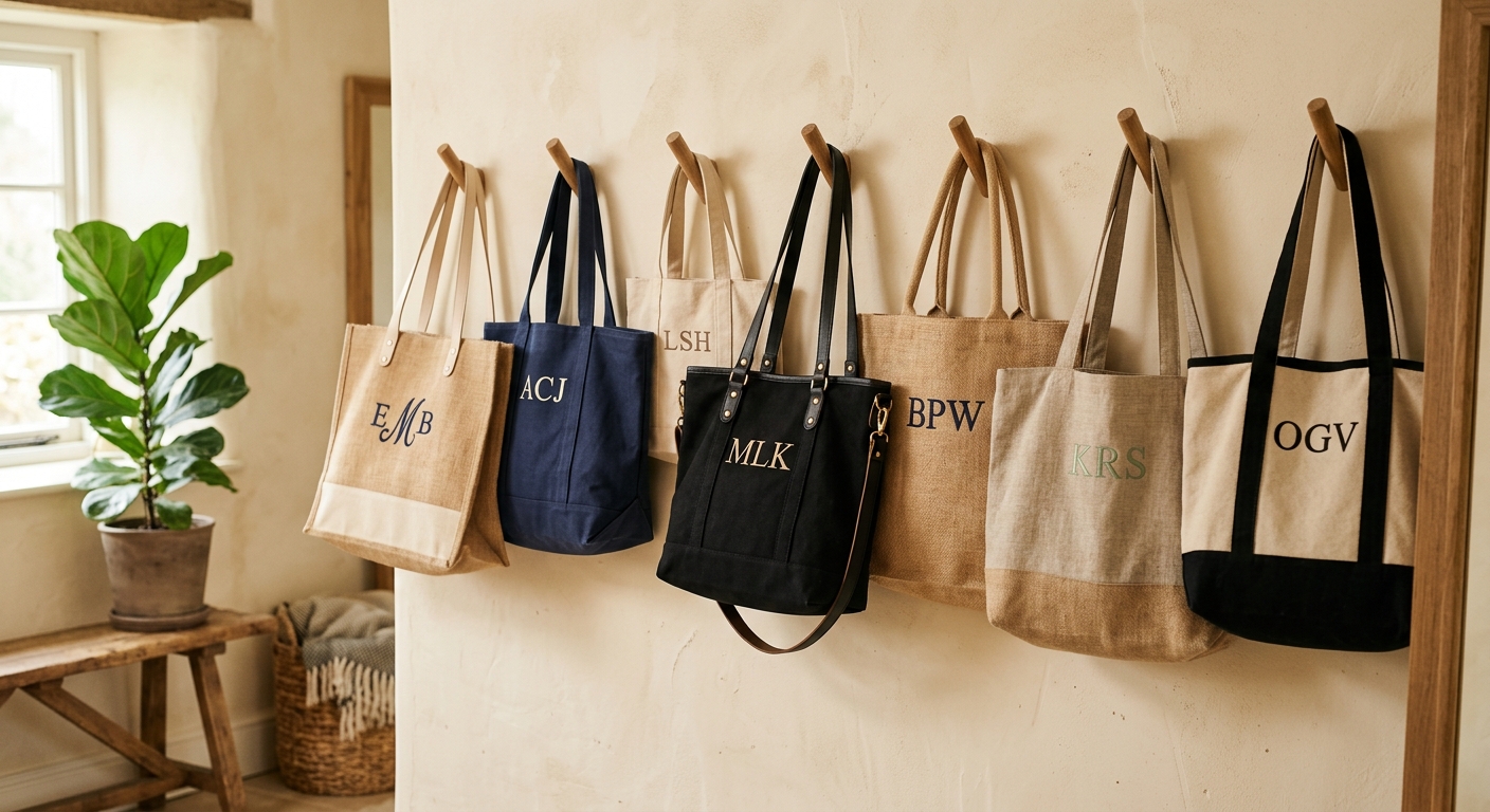 Custom canvas and jute tote bags in natural, black, and navy hanging on hooks against a warm cream wall